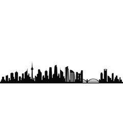 Obraz premium Modern City Skyline Silhouette with Skyscrapers and Arched Bridge