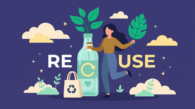 Woman promoting reuse and recycling for environmental sustainability, eco-friendly lifestyle