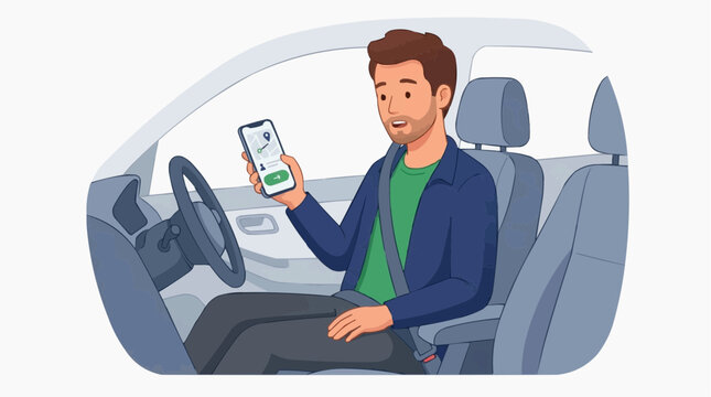 A man sits in car interior with navigation app on phone, looking for location or way to travel .