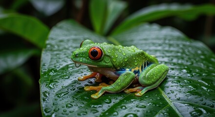 Obraz premium A small green frog with red eyes sitting on a wet leaf outdoors animal wildlife green frog red eyes