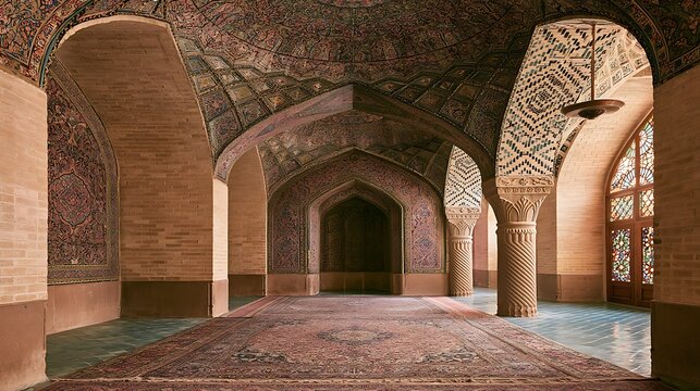 Interior of Nasir al-Mulk Mosque, also known as the Pink Mosque, in Shiraz, Iran