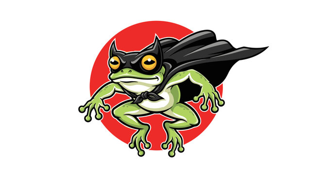 A cartoon frog wearing a cape and mask, poised for action with a determined look.