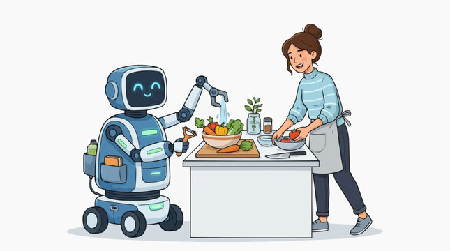A futuristic vision of culinary collaboration: a helpful robot assists a woman in the kitchen, washing vegetables for a wholesome meal.