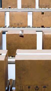 Cardboard boxes on conveyor roller, moving along automated conveyor factory , modern distribution center, industrial warehouse for global shipping concept and efficient logistics
