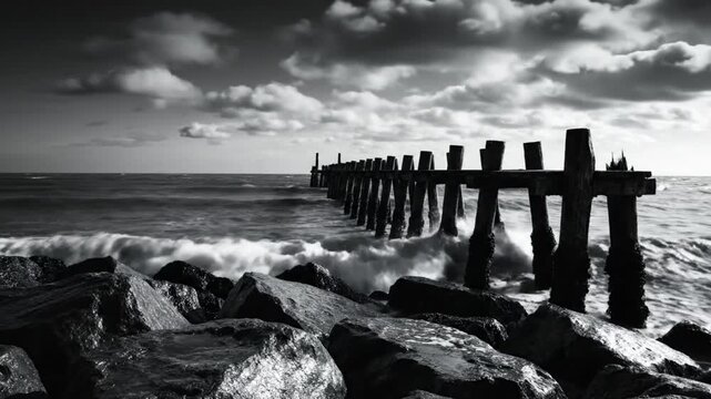 Black and white scenic seascape of weathered pier and turbulent waves splashing on coastal rocks with dramatic sky