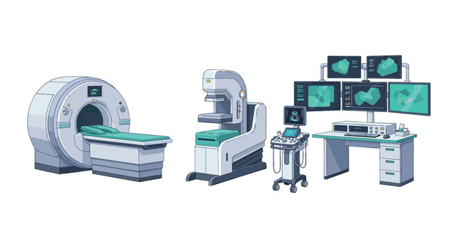 Advanced medical imaging technology including a large MRI machine and radiotherapy unit alongside diagnostic computer workstations for clinical analysis and diagnostics.