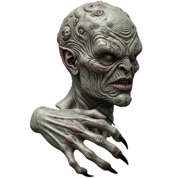 Green monster head with clawed hand isolated on a transparent background