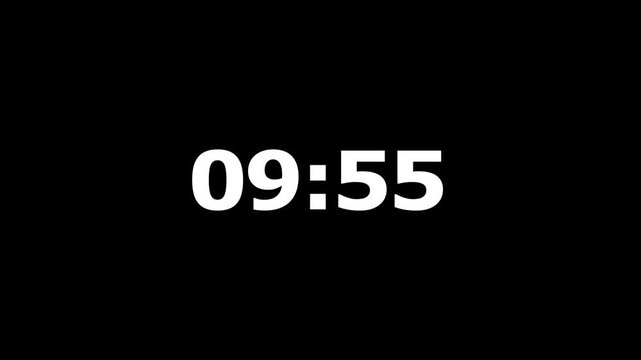 Countdown timer showing ten minutes duration with white digital numbers over plain solid black background.