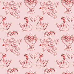Wedding day whimsical seamless pink pattern with hand drawn doodles. Line art vintage illustrations. Romantic coquette design. Charming print for textile, fabric, wrapping paper, scrapbooking © Victoriyad