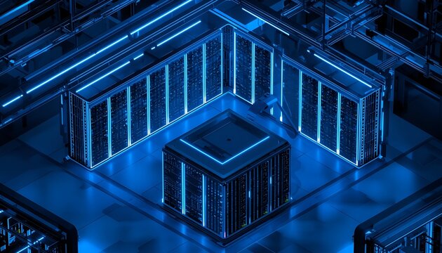 Isometric server room with glowing racks and clean layout