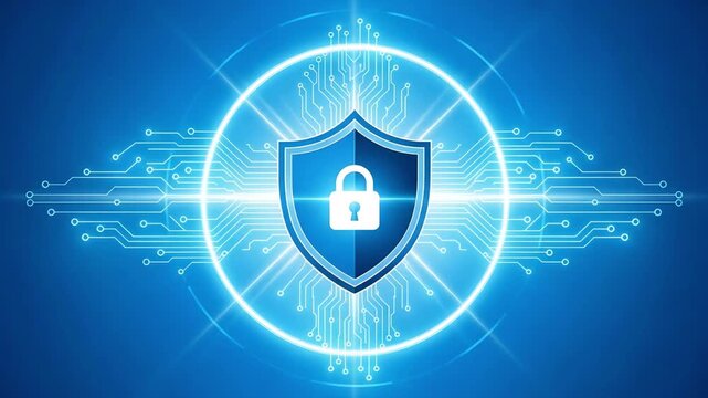 Cybersecurity data protection shield animation with digital lock icon secure network encryption background video