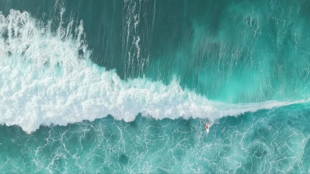 Aerial top down view of surfers catching ocean waves