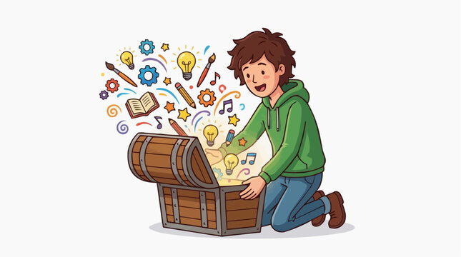 A young individual discovers a treasure chest filled with tools and inspiration, representing creativity and innovation. A visual metaphor for unlocking potential.
