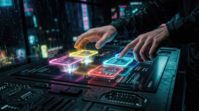 Cyberpunk dj setup hands manipulating glowing digital interfaces in a dark club environment