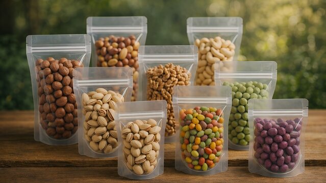 Assorted nuts and colorful coated snacks in transparent stand up zipper pouches including pistachios cashews walnuts peanuts and candy coated nuts on wooden table outdoor natural background