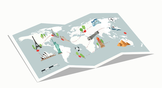 A world map illustration with landmarks and travel icons