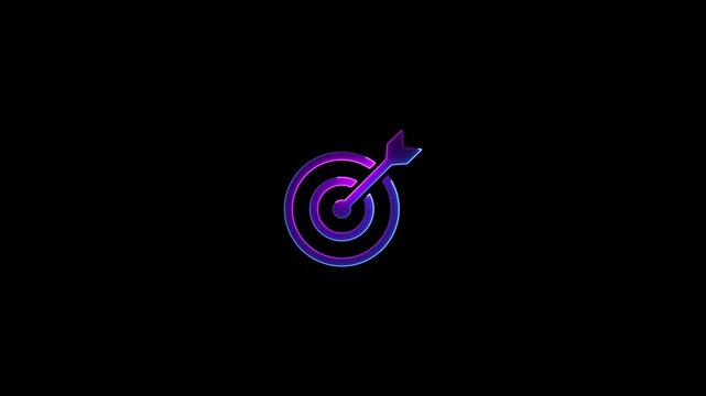 Neon glowing target icon video animation. Glowing Arrow hitting the center of target animation. business goals achievement target icon animation. Business target animation.