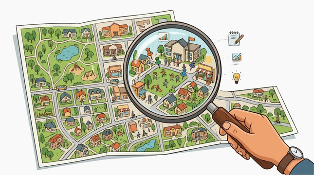 A detailed hand-drawn map featuring a magnifying glass, inviting the viewer to explore and discover the charm of the locations. The focus is on finding a certain destination.