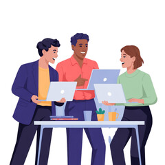 Obraz premium Four professionals collaborating over laptop in modern office workspace Vector