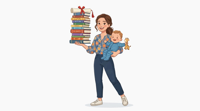 A mother, with books in one arm, and a child in another embraces both learning and motherhood, illustrating the balancing act of education and parenting in a vibrant cartoon style.