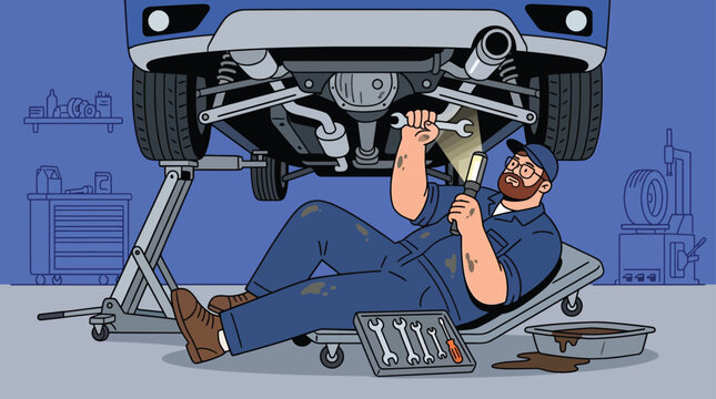 Auto Mechanic Repairing Car Underbody in Garage Illustration