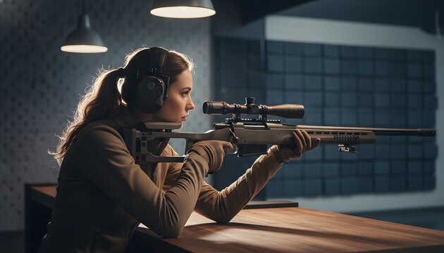 Young woman aiming rifle in shooting range for precision training concept. Professional female marksman wearing ear protection during target practice indoors at a firing range