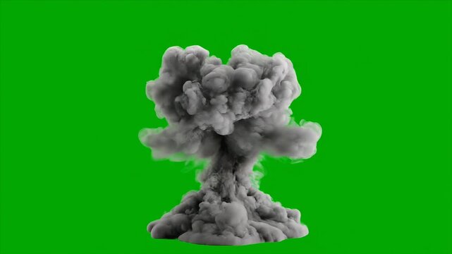 A large, grey, mushroom-shaped explosion cloud rising against a vibrant green screen background, ready for visual effects compositing.