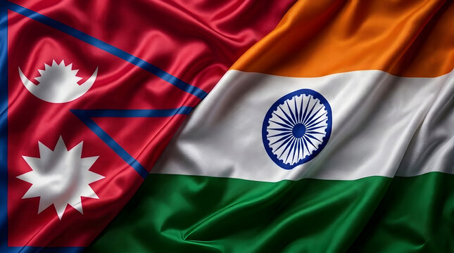 India and Nepal flags intertwined, signifying a strong bond, diplomatic relationship, and cultural connection between the two neighbouring countries.