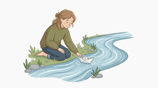 A moment of serene reflection: a girl launches a paper boat on a gentle stream. Captured in a charming illustration, the scene evokes a sense of peace and imagination.
