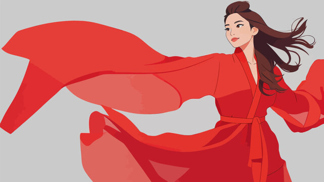 Elegant Chinese Woman in Flowing Red Traditional Robe
