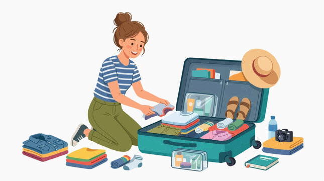 A woman packing suitcase, preparing for her journey, filled with anticipation and essential travel items, ready for her next adventure.