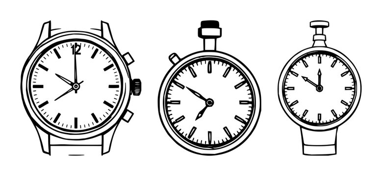 Stop Watch set with sharp black line art on white background featuring timekeeping, iconography, watch face with stopwatch and timer