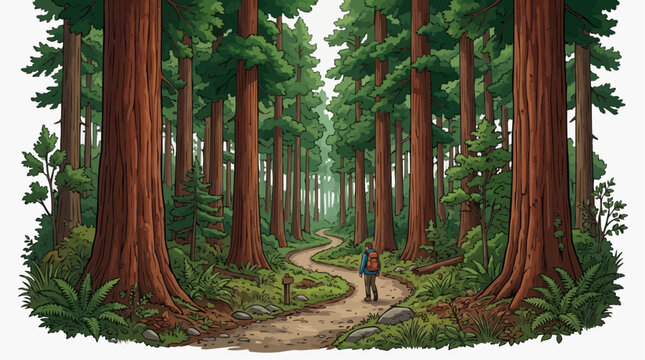 An individual is seen exploring a lush and tall sequoia forest, evoking feelings of awe and serenity, and the photograph tells a story of adventure and discovery.