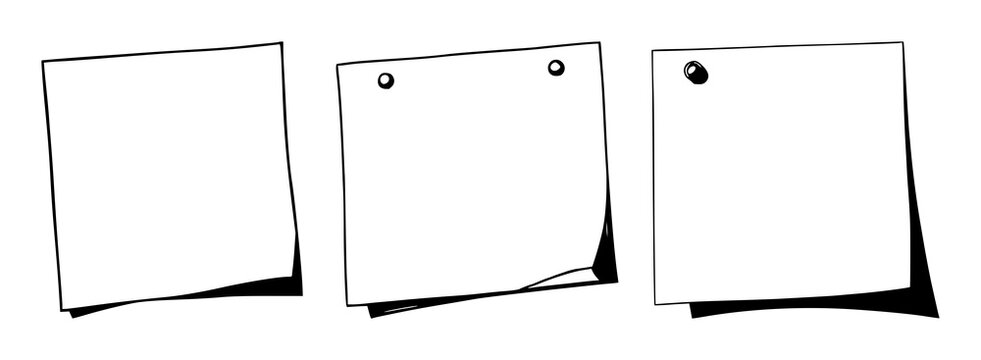 Sticky notes set with black line art and white background featuring blank papers, stationery, office supplies with reminders and messages