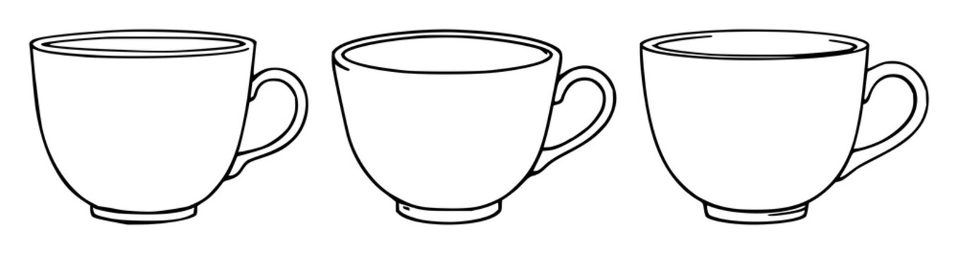 Ceramic cup set with elegant black line art on white background emphasizing the shape and rim, featuring ceramic, line art, minimalist with silhouette and outline