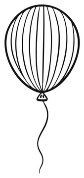 Elegant balloon illustration with string, line art design and vertical stripes, symbolic minimalist drawing for birthday celebration