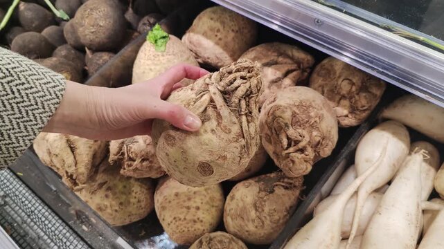 Female hand holding knobby celery root bulb in vegetable bin. Fresh organic produce shopping for healthy home cooking and seasonal meal preparation.