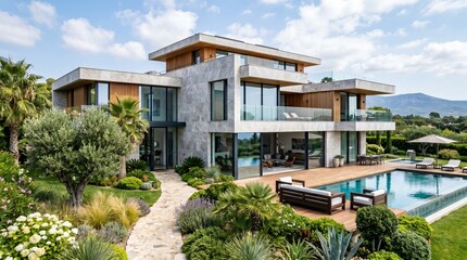 Fototapeta premium A stunning contemporary luxury villa featuring sleek stone facades, expansive glass walls, a private swimming pool, and lush Mediterranean landscaping under a clear blue sky.