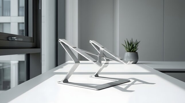A silver aluminum laptop stand sits on a white desk in a modern office with a plant and window.
