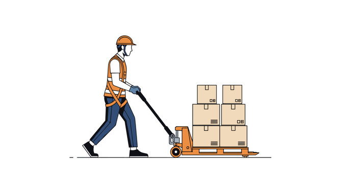 A construction worker wearing a hard hat and high-visibility safety vest pulls an orange pallet jack loaded with brown shipping boxes against a stark white background surface.