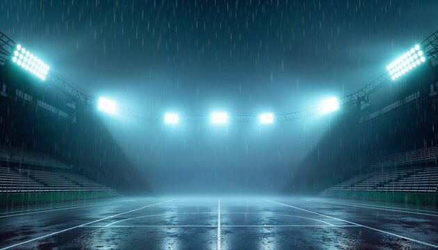 Empty outdoor sports stadium illuminated by bright floodlights during night rain. Wet grass field in dramatic atmospheric weather. Professional ground arena for football competition.