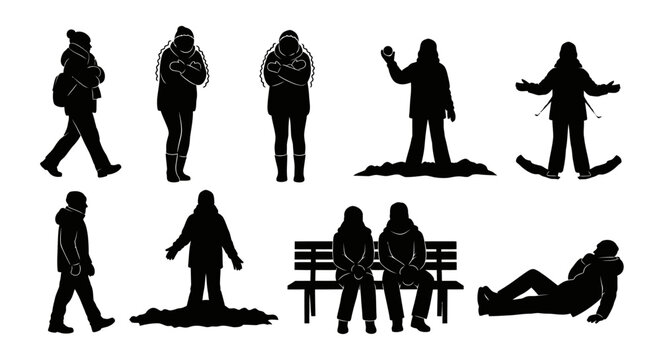 Silhouettes of people skiing and sitting.