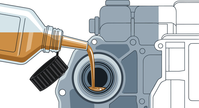 A clear bottle pours golden lubricant oil into the internal chamber of a complex grey metal engine part in a clean technical illustration setting.