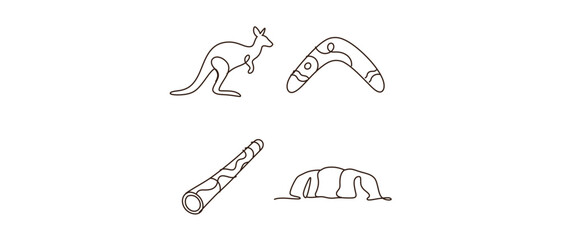 Naklejka premium Linear Graphic Symbols of Oceania Featuring Red Center Landmark, Indigenous Weaponry, Wind Instrument, and Native Marsupial. Modern Stroke-based Icons for Down Under Tourism Identity.
