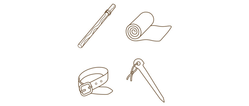Nomad Tent Assembly Equipment Editable Stroke Vector Icon Set Featuring Wooden Tent Pole, Felt Roll, Leather Strap, and Grounding Stake for Traditional Yurt or Ger Construction Collection.