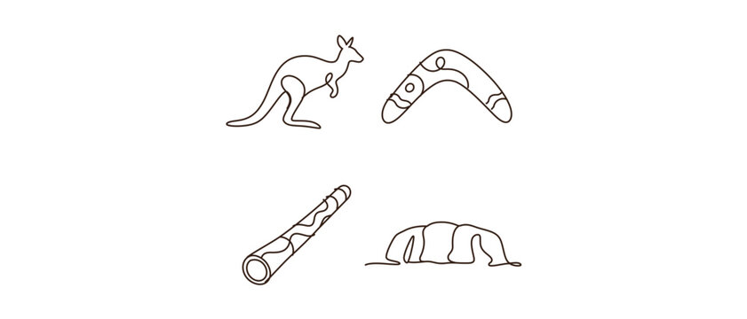 Australian Culture and Wildlife Vector Icon Set featuring Kangaroo, Boomerang, Didgeridoo, and Uluru Monolith. Minimalist One Line Art Collection with Editable Stroke for Travel Branding.