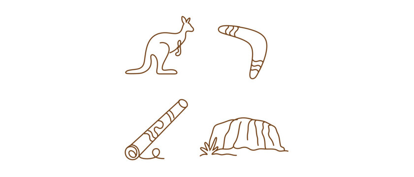 Australian Outback Wildlife and Culture Vector Icon Set with Kangaroo, Boomerang, Didgeridoo, and Uluru Monolith. Minimalist Line Art Collection with Editable Stroke for Customization.