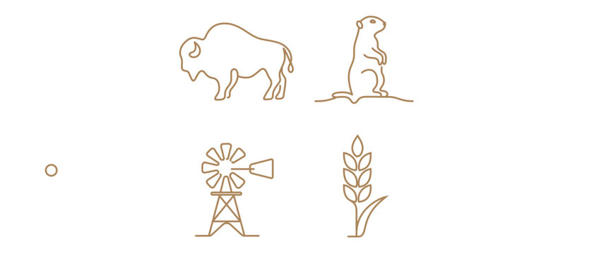 Prairie Grassland Ecosystem Collection of 4 Editable Stroke Vector Icons including American Bison, Groundhog Prairie Dog, Farm Windmill, and Wheat Stalk for Nature and Wildlife Projects.