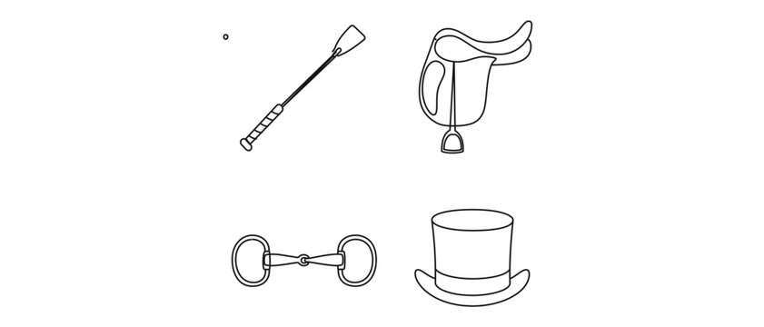 Equestrian Dressage Equipment Vector Icon Set with Editable Stroke. Collection of 4 Minimalist Line Icons including Riding Crop, English Saddle, Snaffle Bridle Bit, and Formal Top Hat for Riding.