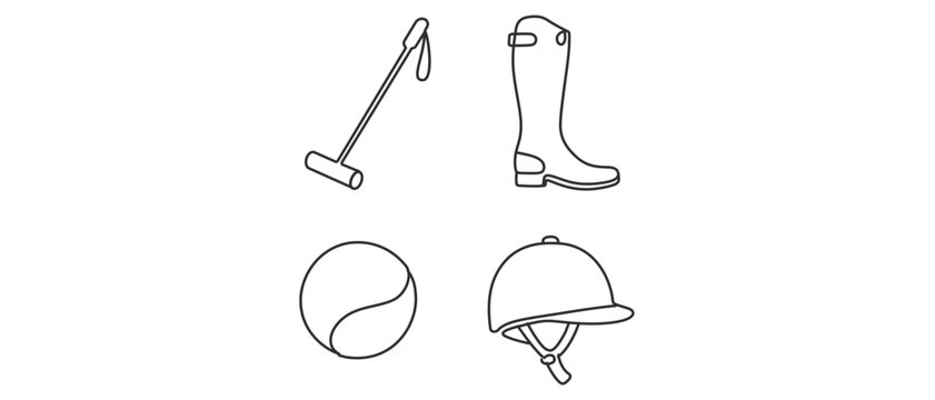 Polo Sport Equipment Vector Icon Set with 4 Icons: Polo Mallet, Riding Boot, Polo Ball, and Riding Helmet. Minimalist Line Art Collection with Editable Stroke for Easy Customization and Scaling.
